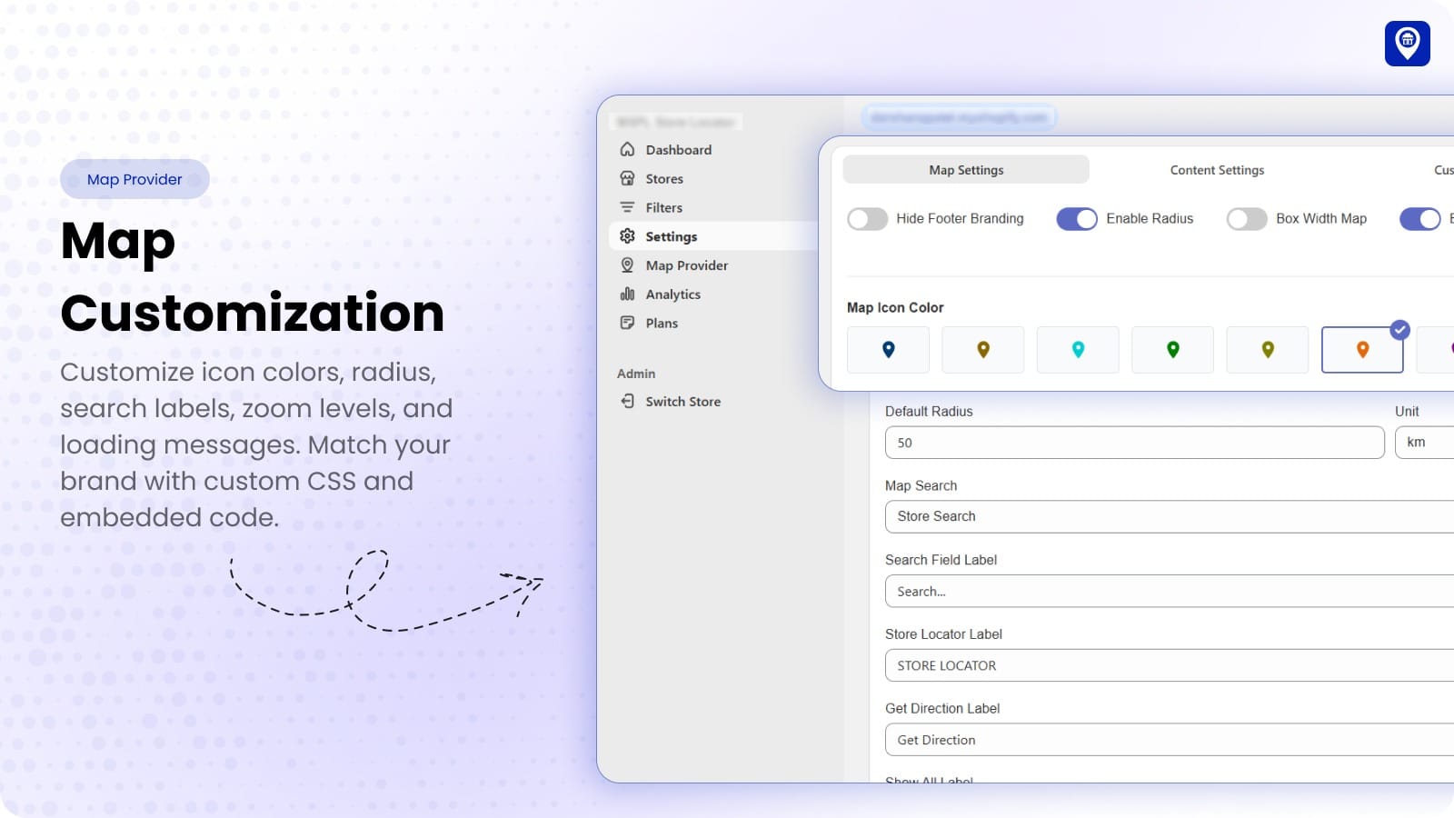 Map customization settings for icon colors, radius, labels and zoom