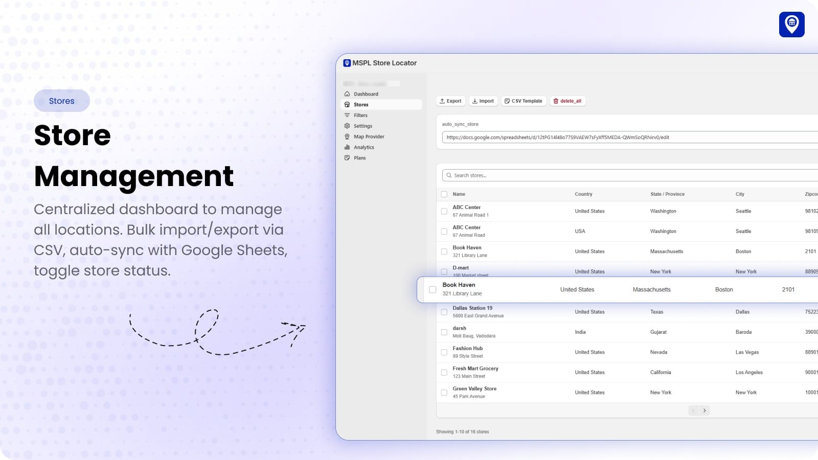 Store management dashboard with bulk CSV import/export and Google Sheets sync