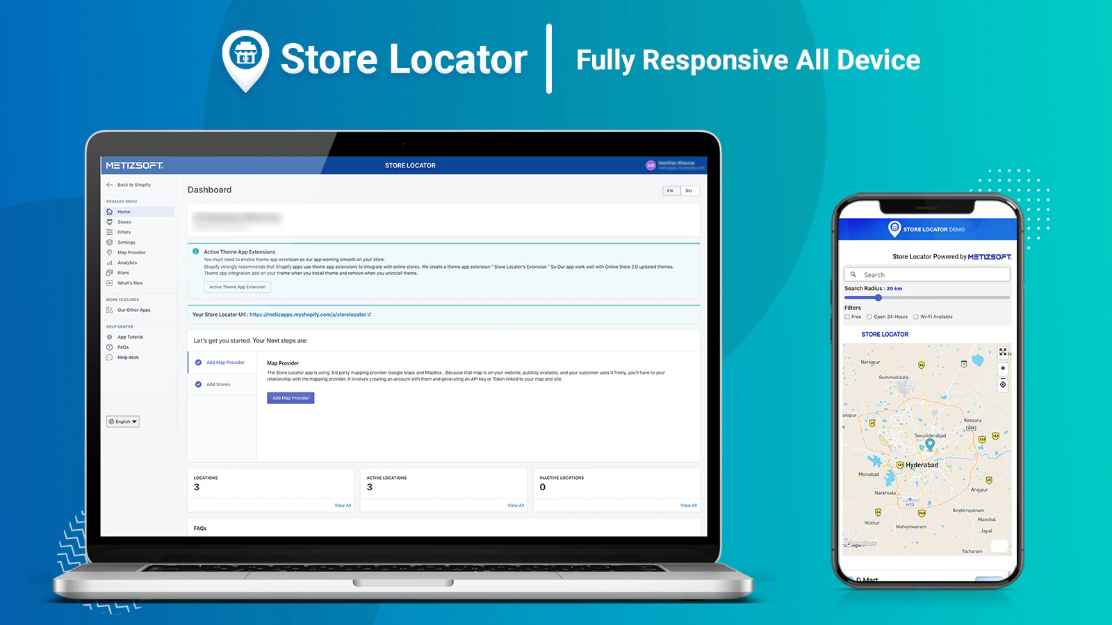 Store Locator dashboard showing fully responsive design on laptop and mobile devices
