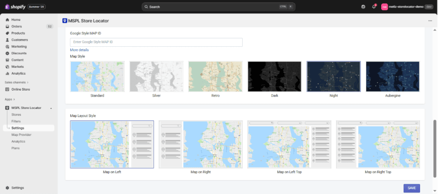 Night Map Style - MSPL Store Locator